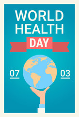 Medical Doctor Hand Hold Earth Planet Health World Day Global Holiday Banner Flat Vector Illustration
