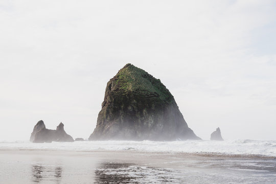View of Haystack Rock in ocean