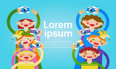 Cartoon People Group Holding Photo Camera Photography Blogger Flat Vector Illustration