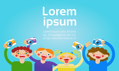 Cartoon People Group Holding Photo Camera Photography Blogger Flat Vector Illustration