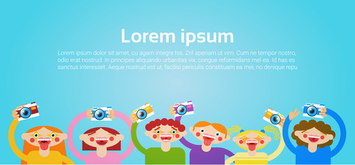 Fototapeta premium Cartoon People Group Holding Photo Camera Photography Blogger Flat Vector Illustration