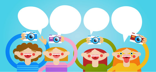 Cartoon People Group Holding Photo Camera Photography Blogger Flat Vector Illustration