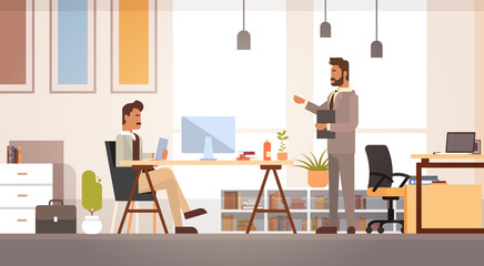 Two Business Man Meeting Discussing Office Desk Businesspeople Working Flat Vector Illustration