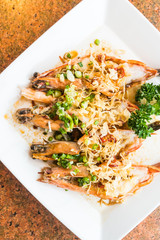 Grilled Shrimp and Prawn steak in white plate