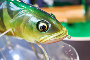 Head of colorful plastic fishing bait in sport store