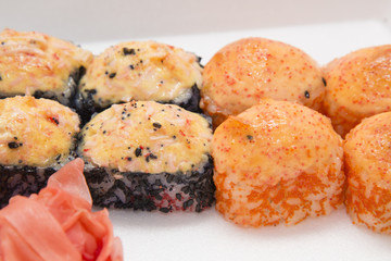 Japanese traditional foods rolls and sushi.