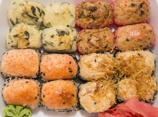 Japanese traditional foods rolls and sushi.