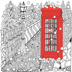 Winter coloring book. Phone booth