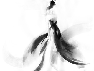 Woman style. Runway elegant dress. Fashion illustration. Watercolor painting