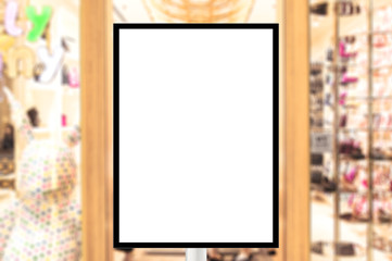 Billboard for store front, Advertising poster sign and blurred people in the shopping mall  as background, for montage display, Mock up for display of product.