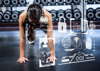 Woman doing push up exercise in gym and fitness interface