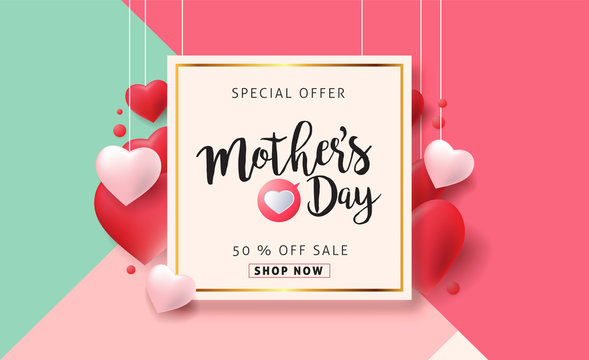 Mothers day sale background layout with Heart Shaped Balloons for banners,Wallpaper,flyers, invitation, posters, brochure, voucher discount.Vector illustration template.