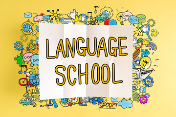 Language School text with colorful illustrations