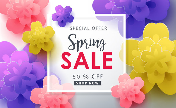 Spring sale background poster banner with beautiful colorful flower. Vector illustration.