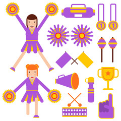 Cheerleading elements and cheerleader girls accessories vector flat icons