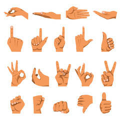 Hand and finger gestures vector flat isolated icons set
