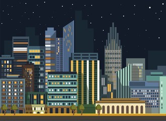 Modern urban city landscape vector flat night panorama buildings