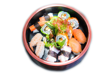 set of sushi on bowl isolate on white background