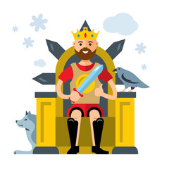 Vector King on Throne. Flat style colorful Cartoon illustration.