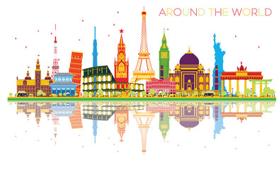 Travel Concept Around the World with Famous International Landmarks and Reflections.