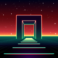 Neon 80s styled massive gate in retro game landscape with shiny road to the future