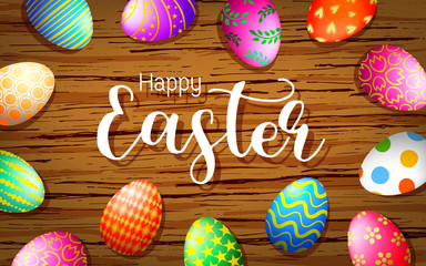 Easter eggs on wooden background. Happy Easter day concept. Illustraon.