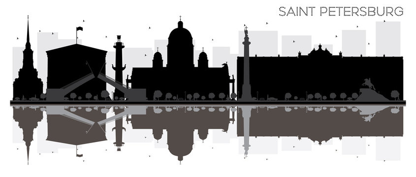 Saint Petersburg City skyline black and white silhouette with reflections.