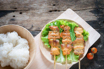 Grilled pork with stick rice the Favorite fast food in thailand.