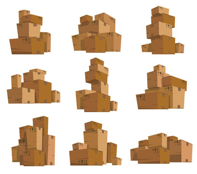 Vector set of images of light brown cardboard boxes of different shapes and sizes standing on a white background. Trucking, delivery, logistics, packaging. Vector illustration.