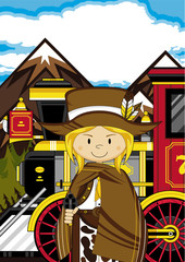 Cartoon Wild West Cowgirl and Steam Train