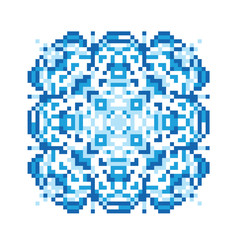Vector pixel oriental dark and light blue pattern made of small squares on a white background. Mosaic, background, embroidery, wallpaper, kaleidoscope, mandala. Vector illustration.