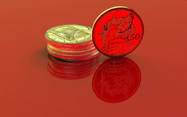 Golden coins on the red reflective background