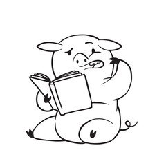 Vector cartoon image of a funny plump pig sitting with a book in her hoof on a white background. Made in monochrome style. Positive character, farm. Line art. Vector illustration.