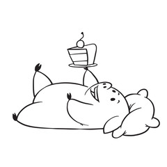 Vector cartoon image of a funny plump pig lying on the back with a piece of cake in her hoof on a white background. Made in monochrome style. Positive character, farm. Line art. Vector illustration.