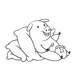 Vector cartoon image of a funny plump pig lying on pillows with a pot of honey in her hoof on a white background. Made in monochrome style. Positive character, farm. Line art. Vector illustration.