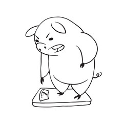 Vector cartoon image of a funny plump displeased pig standing on floor scales on a white background. Made in monochrome style. Positive character, farm. Line art. Vector illustration.