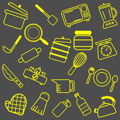 Yellow Kitchenware outline icons for tools and appliances equipment isolated vector illustrations on grey background