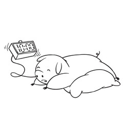 Vector cartoon image of a funny plump pig sleeping and is not hearing ringing alarm clock on a white background. Made in monochrome style. Positive character, farm. Line art. Vector illustration.