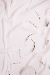 Bird feathers on pink textile background. Flat lay, top view