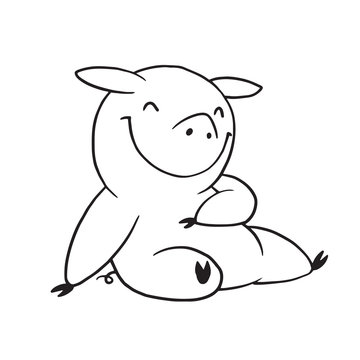 Vector cartoon image of a funny plump pig sitting and smiling on a white background. Made in monochrome style. Positive character, farm. Line art. Vector illustration.