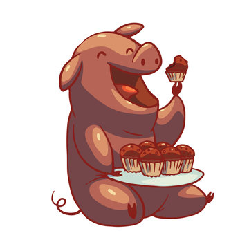 Vector cartoon image of a funny plump pink pig sitting and eating cupcakes on a white background. Color image. Positive character, farm. Vector illustration.