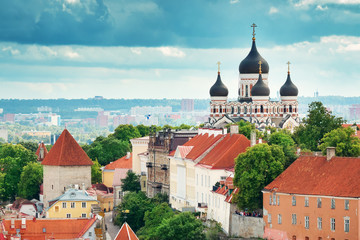 Old Tallinn. Estonia. View to Orthodox church Alexander Nevsky from Oleviste church in summer