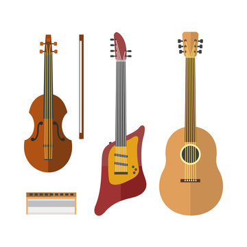 Guitar icon stringed electric musical instrument classical orchestra art sound tool and acoustic symphony stringed fiddle wooden vector illustration.