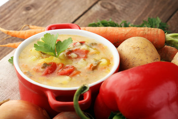 Barley and vegetable thick healthy soup. Krupnik thick Polish soup made from vegetable or broth, containing potatoes and barley groats