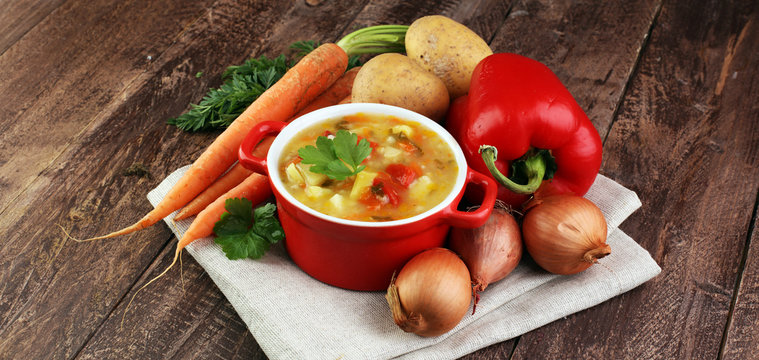 Barley and vegetable thick healthy soup. Krupnik thick Polish soup made from vegetable or broth, containing potatoes and barley groats