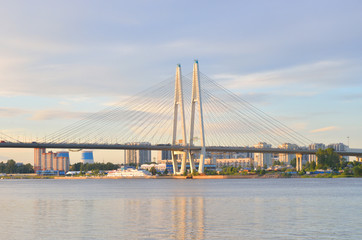 Cable stayed bridge and Neva river.