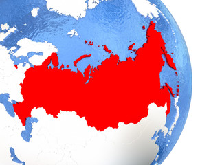 Russia on shiny globe with water