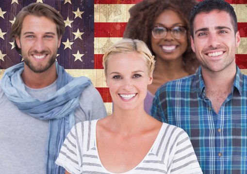 Friends standing together against american flag in background