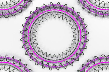 Pattern of concentric shapes made of rings and spirals on white background