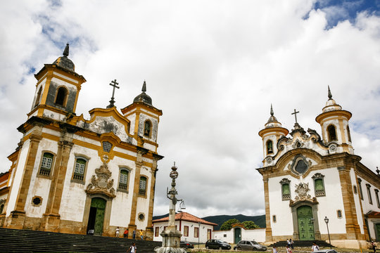Sao Francisco de Assis and Nossa Senhora do Carmo churches at Praca Minas Gerais, Mariana, Minas Gerais, Brazil.